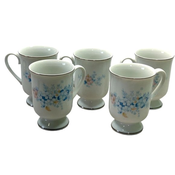 Lot of 5 Blue Morn Coffee Mugs Footed Cups Fanci Florals Porcelain Japan - Picture 1 of 9